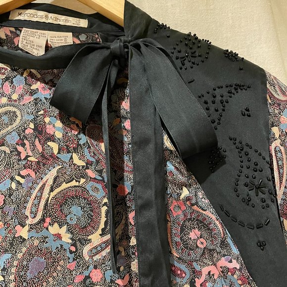 Evening 80s 💯silk blouse from Mercedes & Adrienne paisley beaded tie collar - Picture 14 of 14